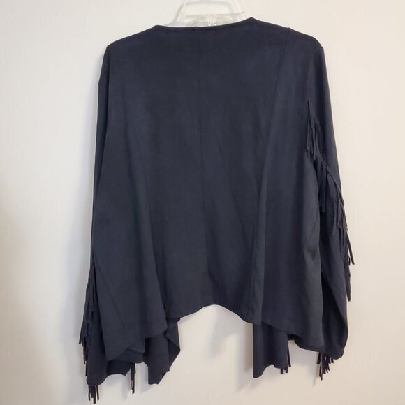 NEW Colleen Lopez Faux Suede Fringe Sleeves Open Front Jacket Waterfall Front M - Picture 9 of 9